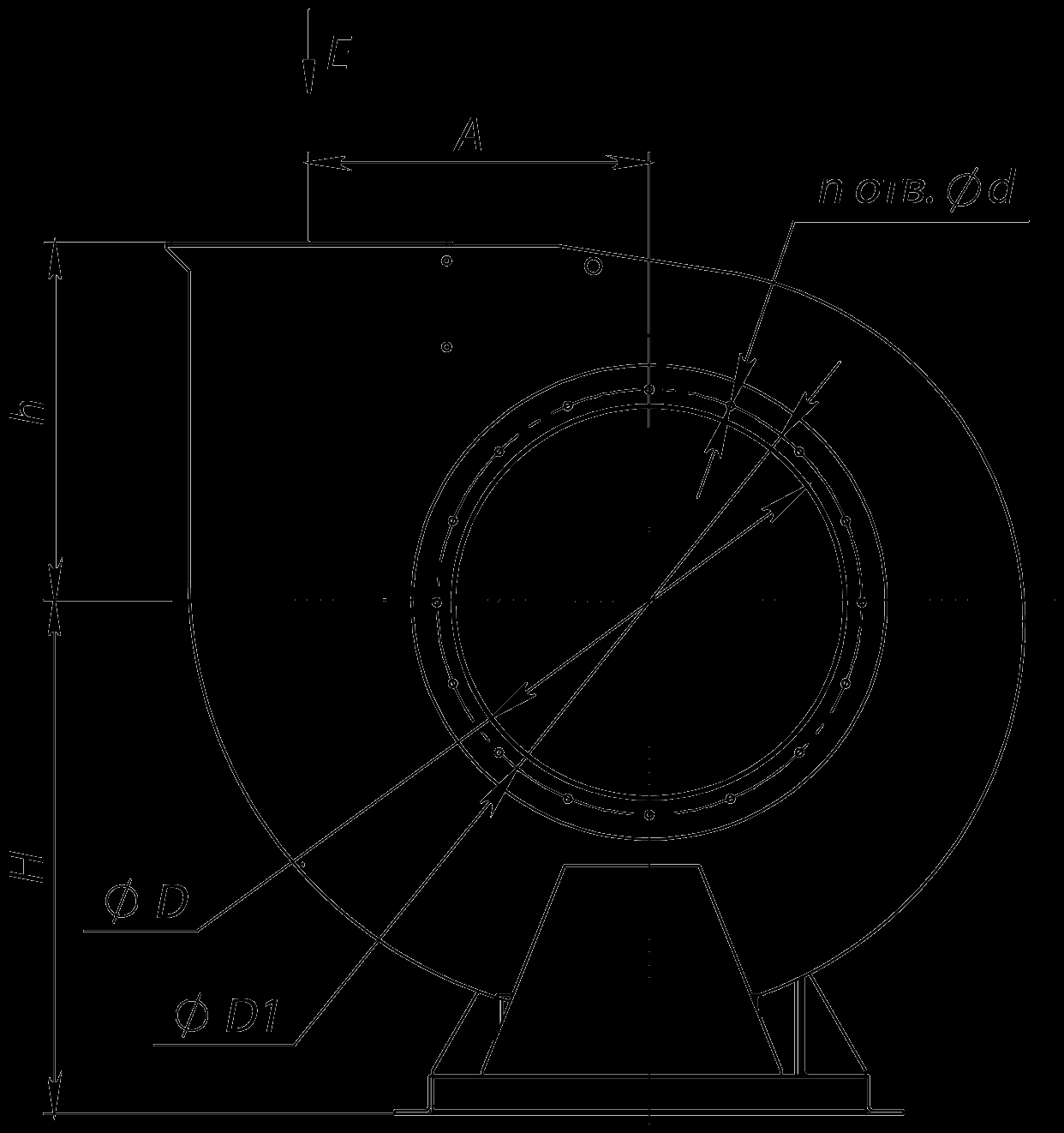 Габаритные и присоединительные размеры радиального вентилятора ВР 80-75 ДУ №4, Исполнение 1