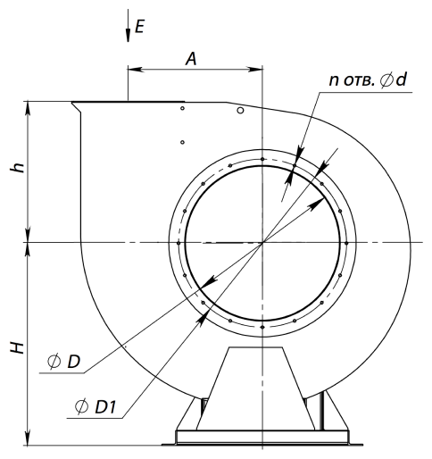 Габаритные и присоединительные размеры радиального вентилятора ВР 80-75 № 2,5 Исполнение 1